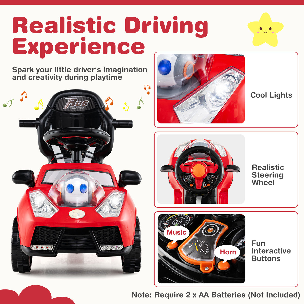 Red toy car with features like cool lights, realistic steering wheel, music, and horn highlighted on a white background.