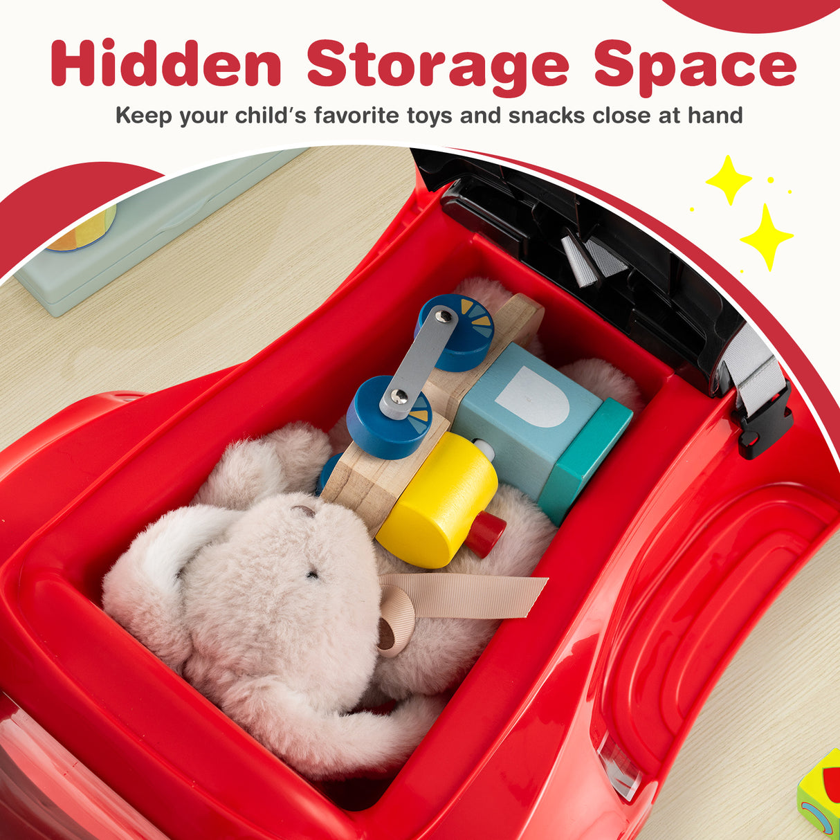 Red toy car with a hidden storage space containing a teddy bear and toys.