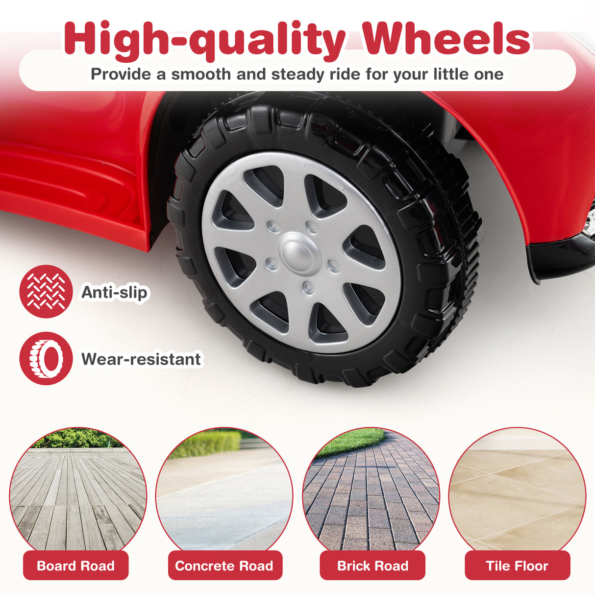 Close-up of a red toy car wheel with text highlighting features on a white background