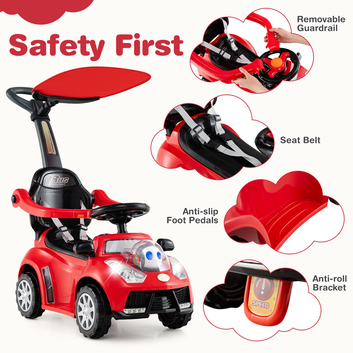 Red toy car with safety features highlighted on a white background