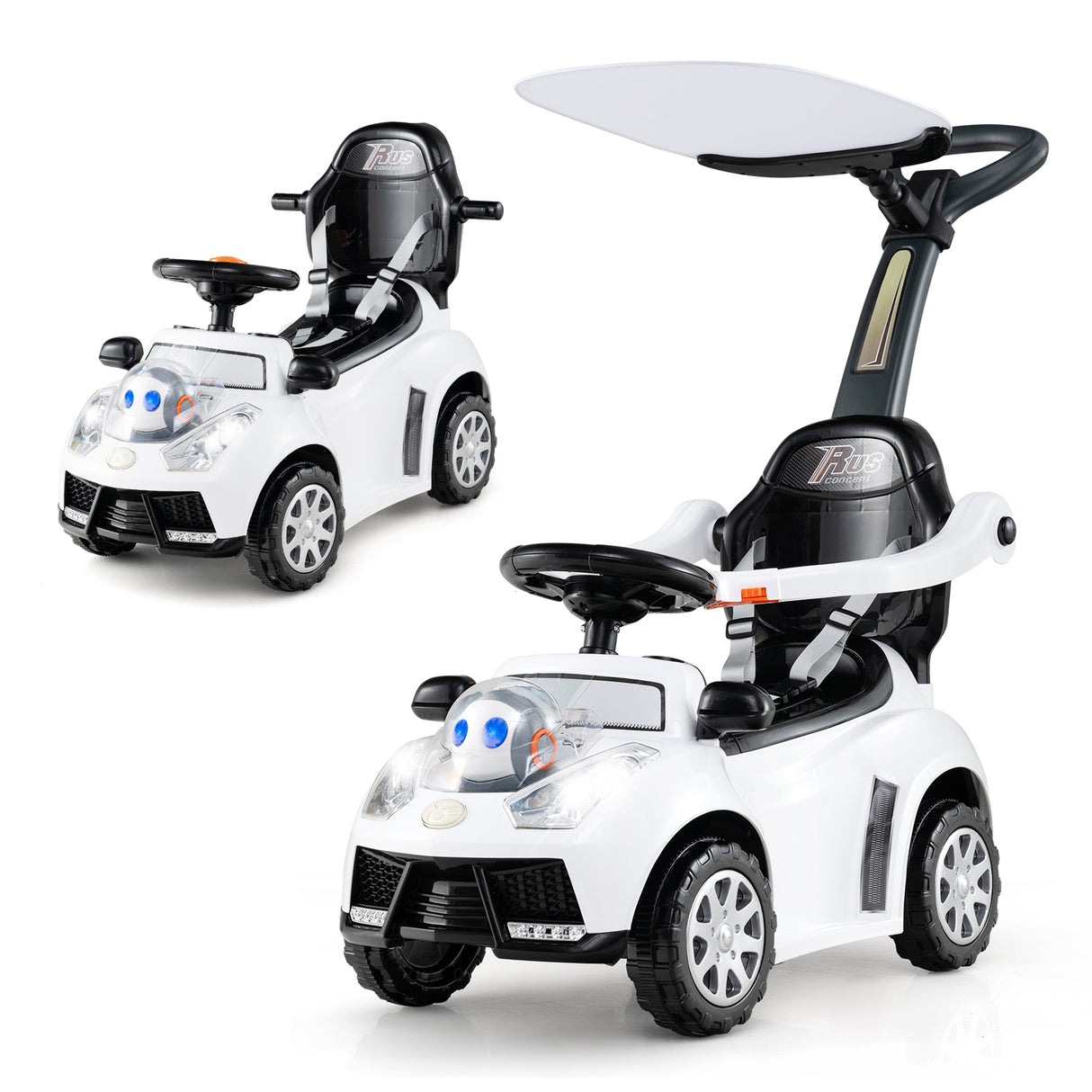 Two toy cars with steering wheels on a white background