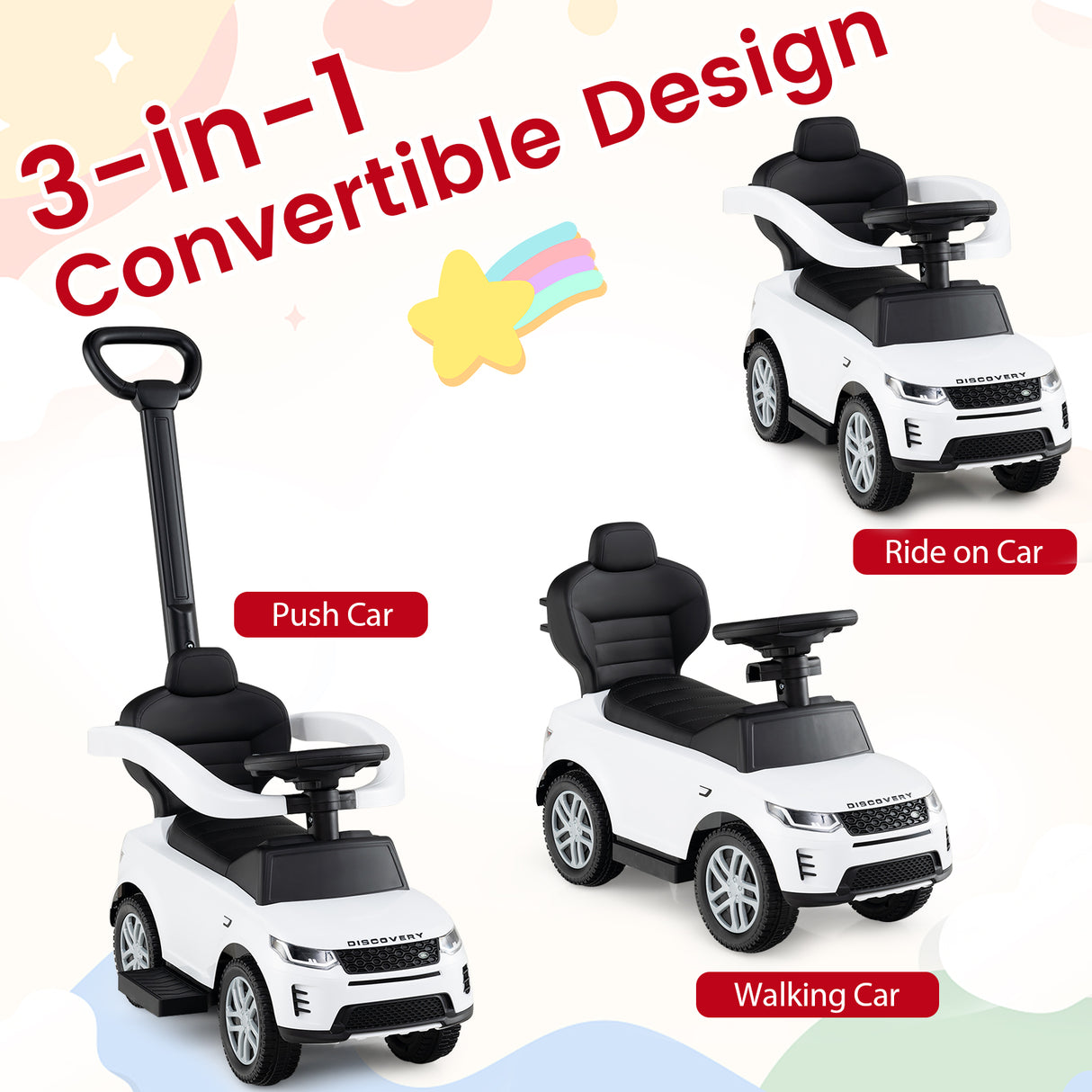 3 in 1 Push Car for Toddlers, Licensed Land Rover Discovery Ride on Toy