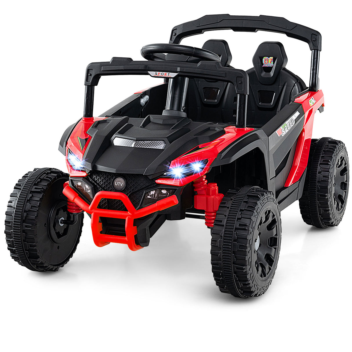 Red and black toy off-road vehicle on a white background
