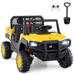 Yellow toy off-road vehicle with black roof and front bumper, featuring a remote control and shovel on a white background.