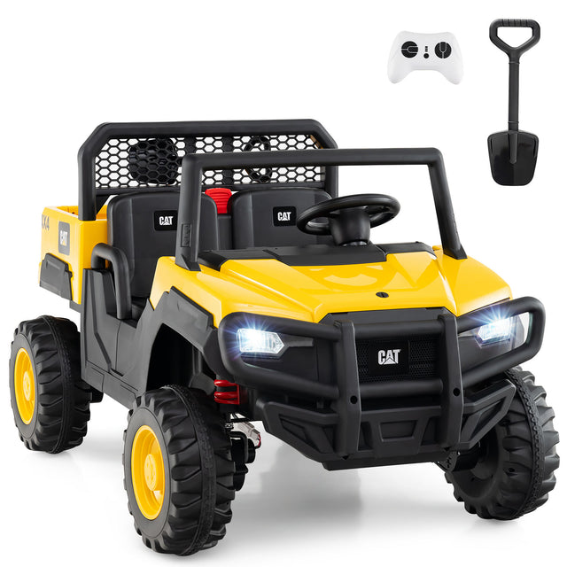 Yellow toy off-road vehicle with black roof and front bumper, featuring a remote control and shovel on a white background.