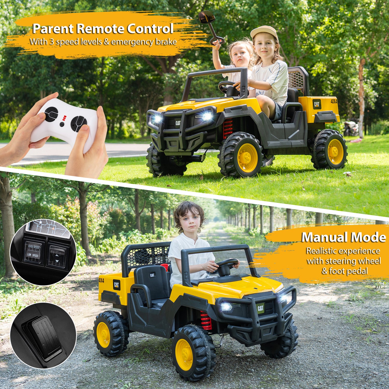 Children playing with a yellow and black toy off-road vehicle in a park, with a parent remote control shown.