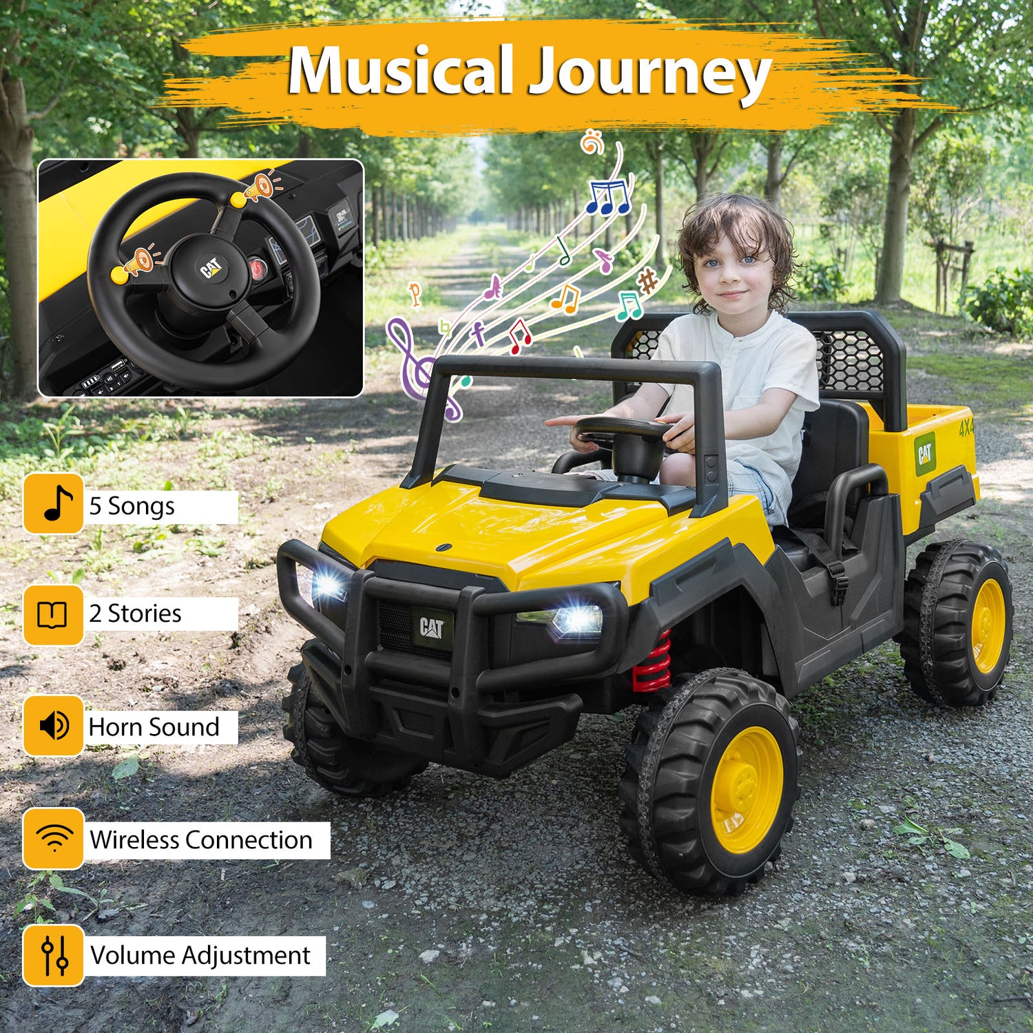 Children's toy truck with yellow and black colors, featuring a steering wheel and various functionalities on a natural background.