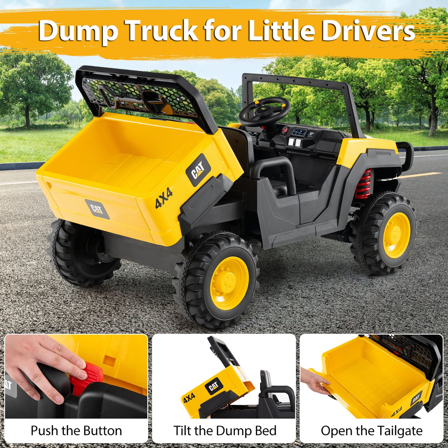 Toy dump truck with features highlighted on a road background