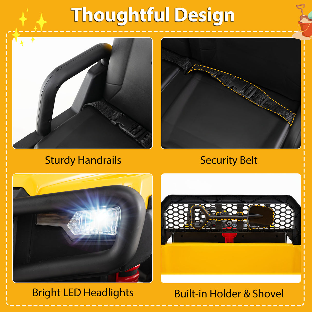 Collage of a vehicle seat with handrails, security belt, bright LED headlights, and built-in holder & shovel on a yellow background.