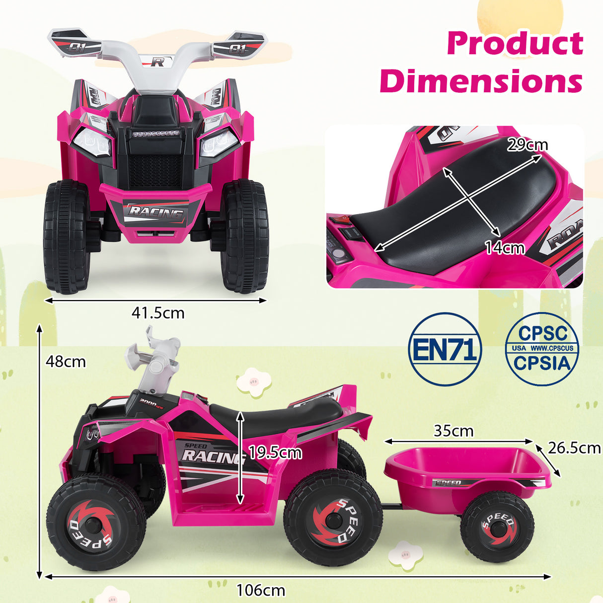 6V Kids Electric ATV Car with Removable Back Trailer