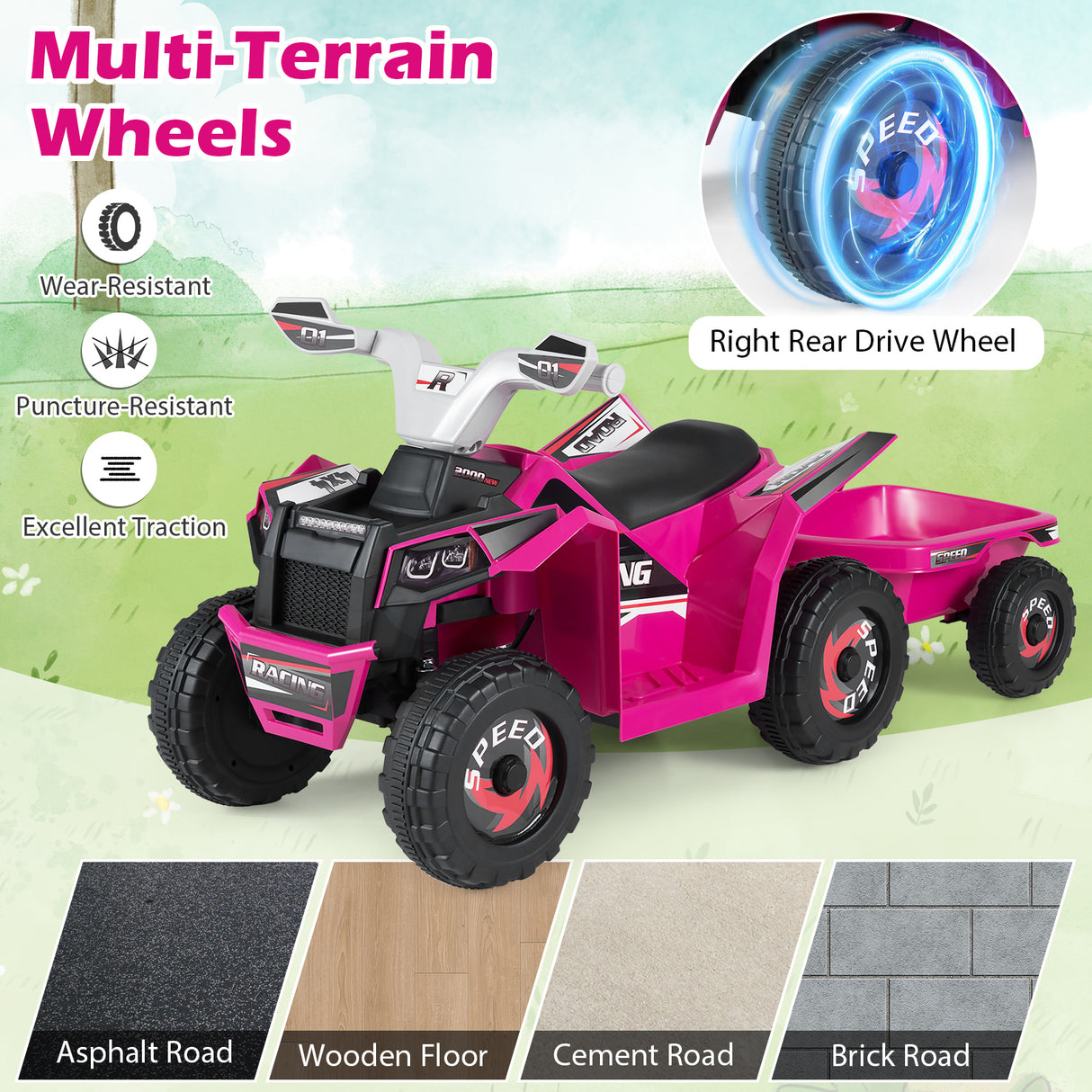6V Kids Electric ATV Car with Removable Back Trailer