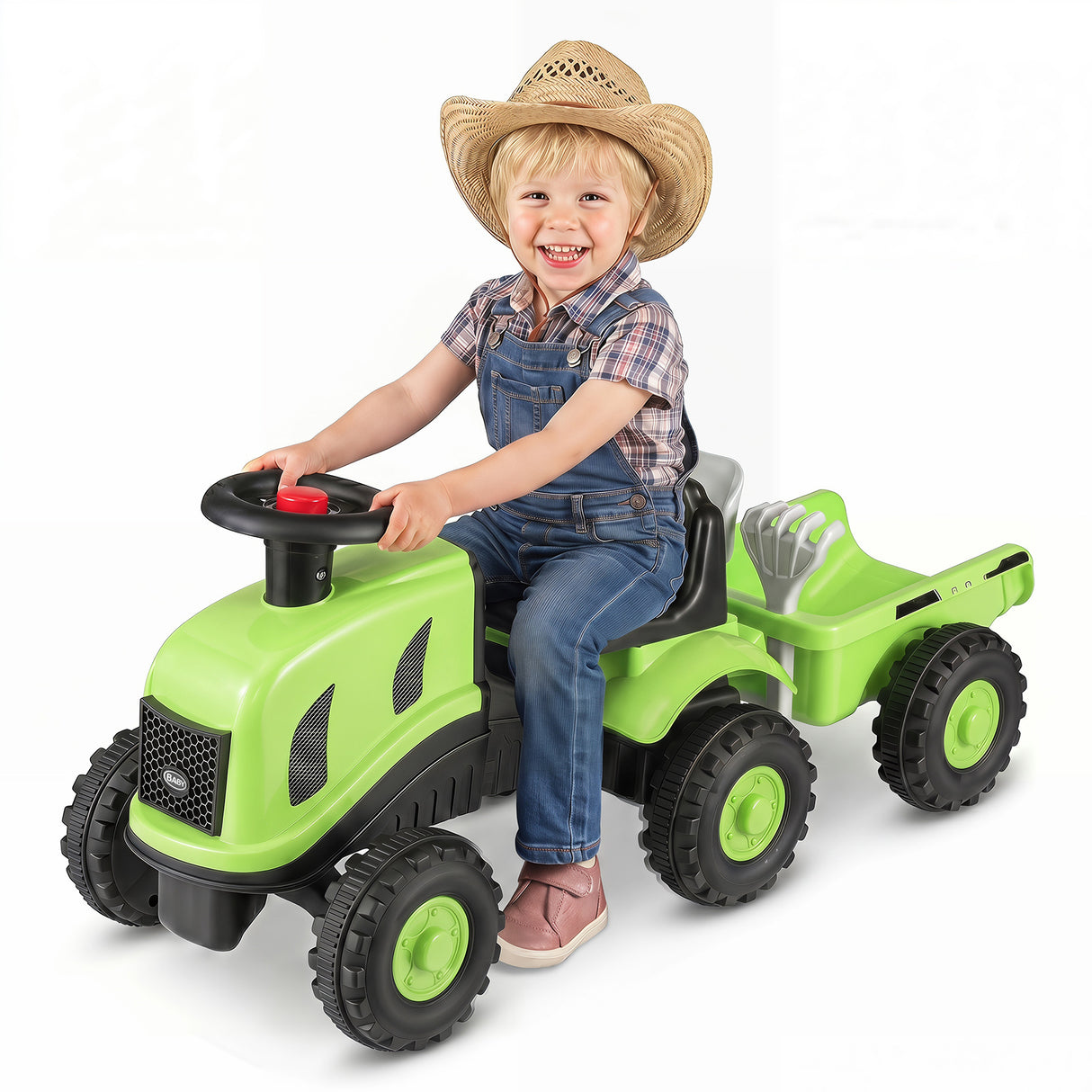 2-in-1 Ride on Tractor with Detachable Trailer, Foot-to-Floor Sliding Car with Air Horn, Dashboard, Shovel and Rake