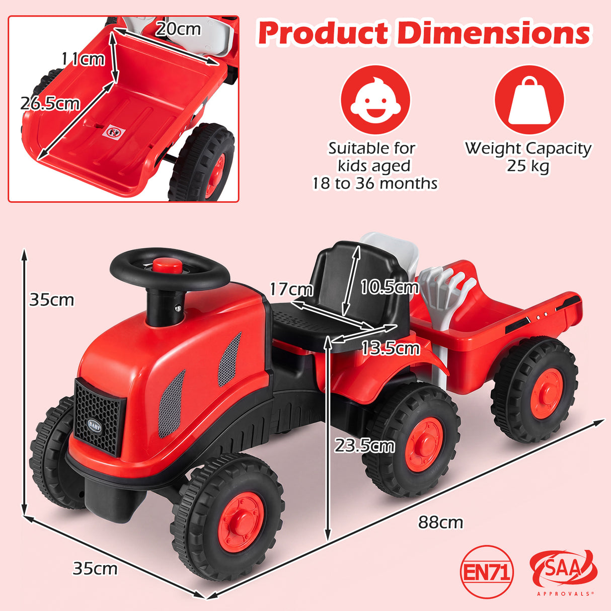 2-in-1 Ride on Tractor with Detachable Trailer, Foot-to-Floor Sliding Car with Air Horn, Dashboard, Shovel and Rake