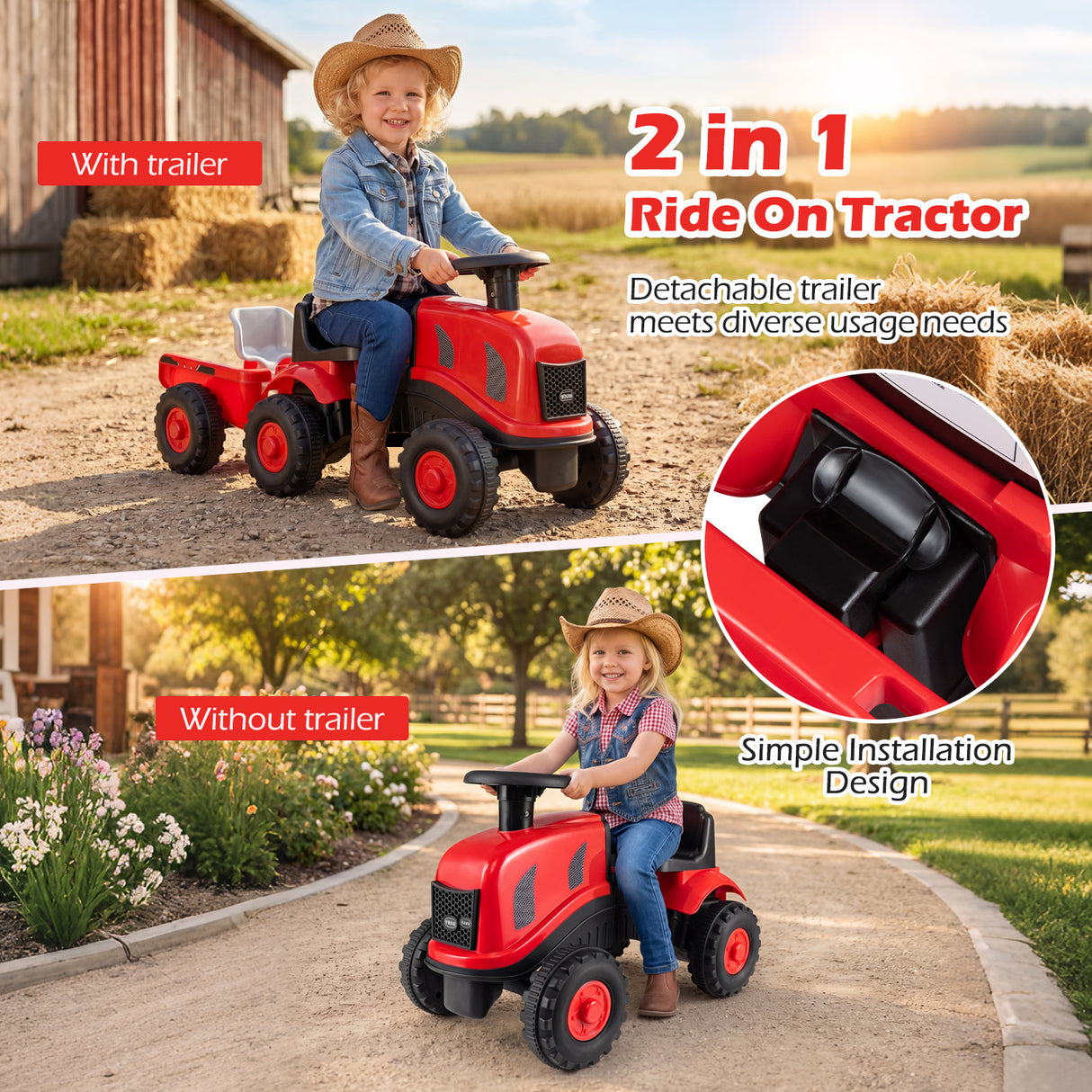2-in-1 Ride on Tractor with Detachable Trailer, Foot-to-Floor Sliding Car with Air Horn, Dashboard, Shovel and Rake