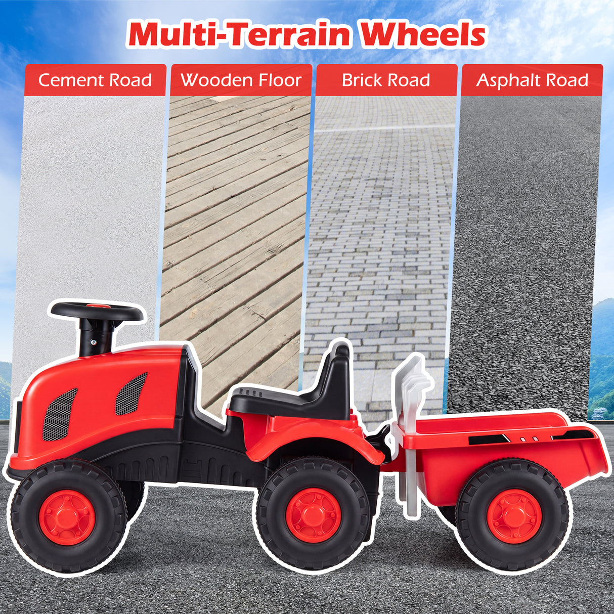 2-in-1 Ride on Tractor with Detachable Trailer, Foot-to-Floor Sliding Car with Air Horn, Dashboard, Shovel and Rake