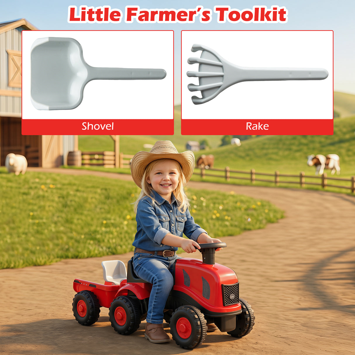 2-in-1 Ride on Tractor with Detachable Trailer, Foot-to-Floor Sliding Car with Air Horn, Dashboard, Shovel and Rake