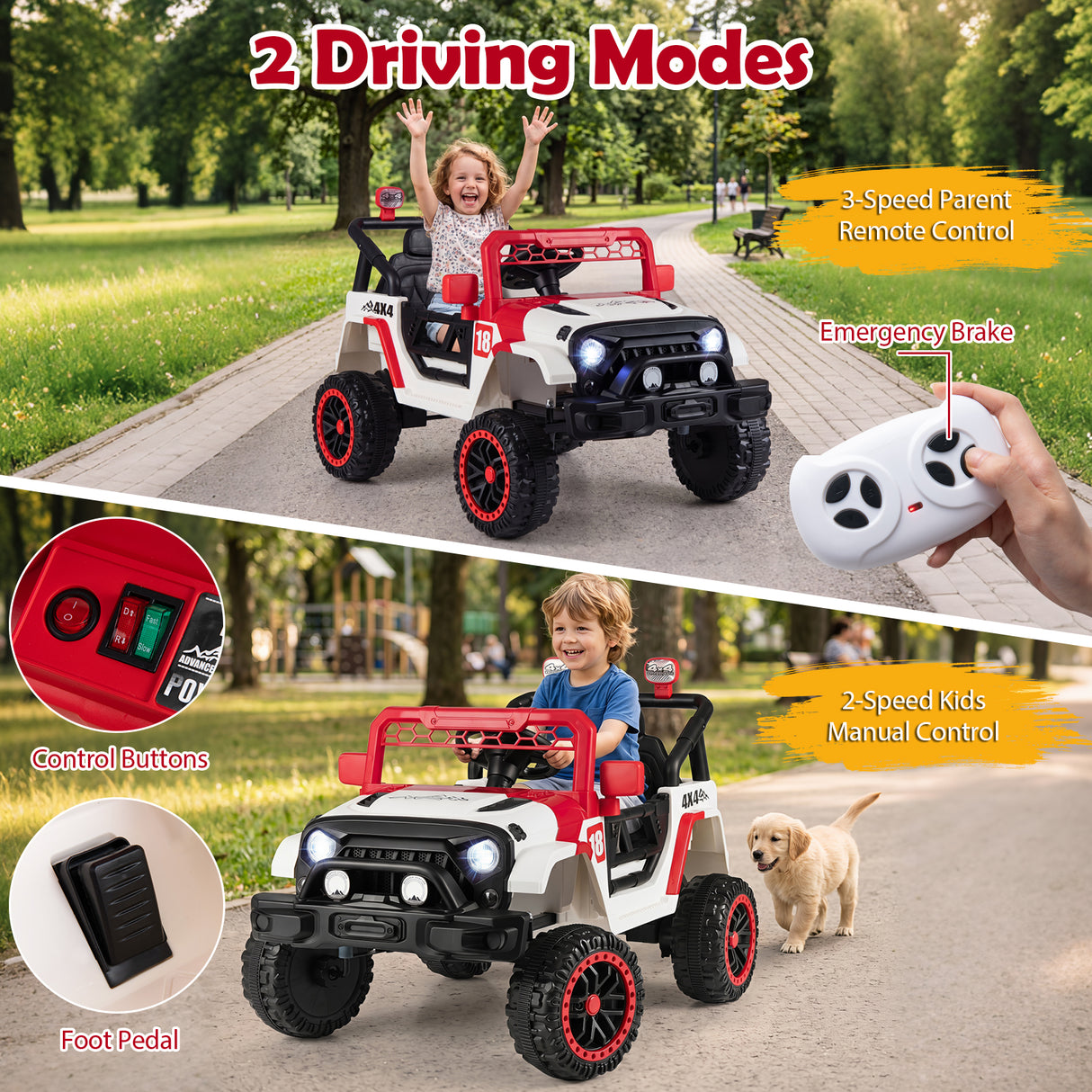 Kids Ride on Truck, 12V Electric Toy Vehicle w/ Remote Control, 3 Speeds, LED Lights, Horn, Music, Story, USB, AUX