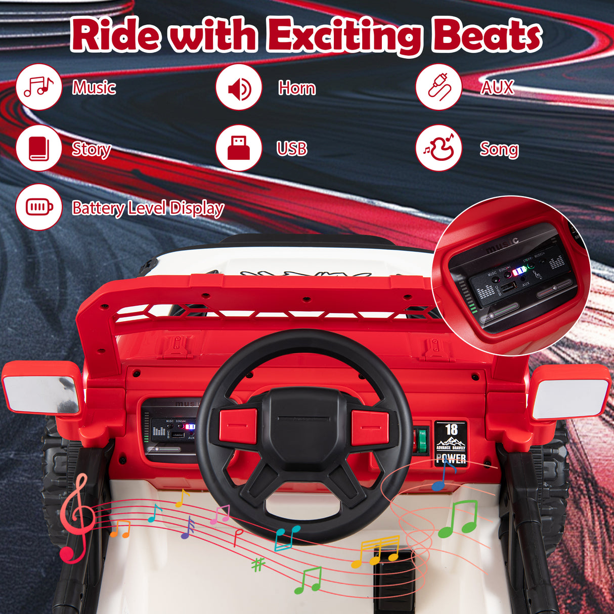 Kids Ride on Truck, 12V Electric Toy Vehicle w/ Remote Control, 3 Speeds, LED Lights, Horn, Music, Story, USB, AUX