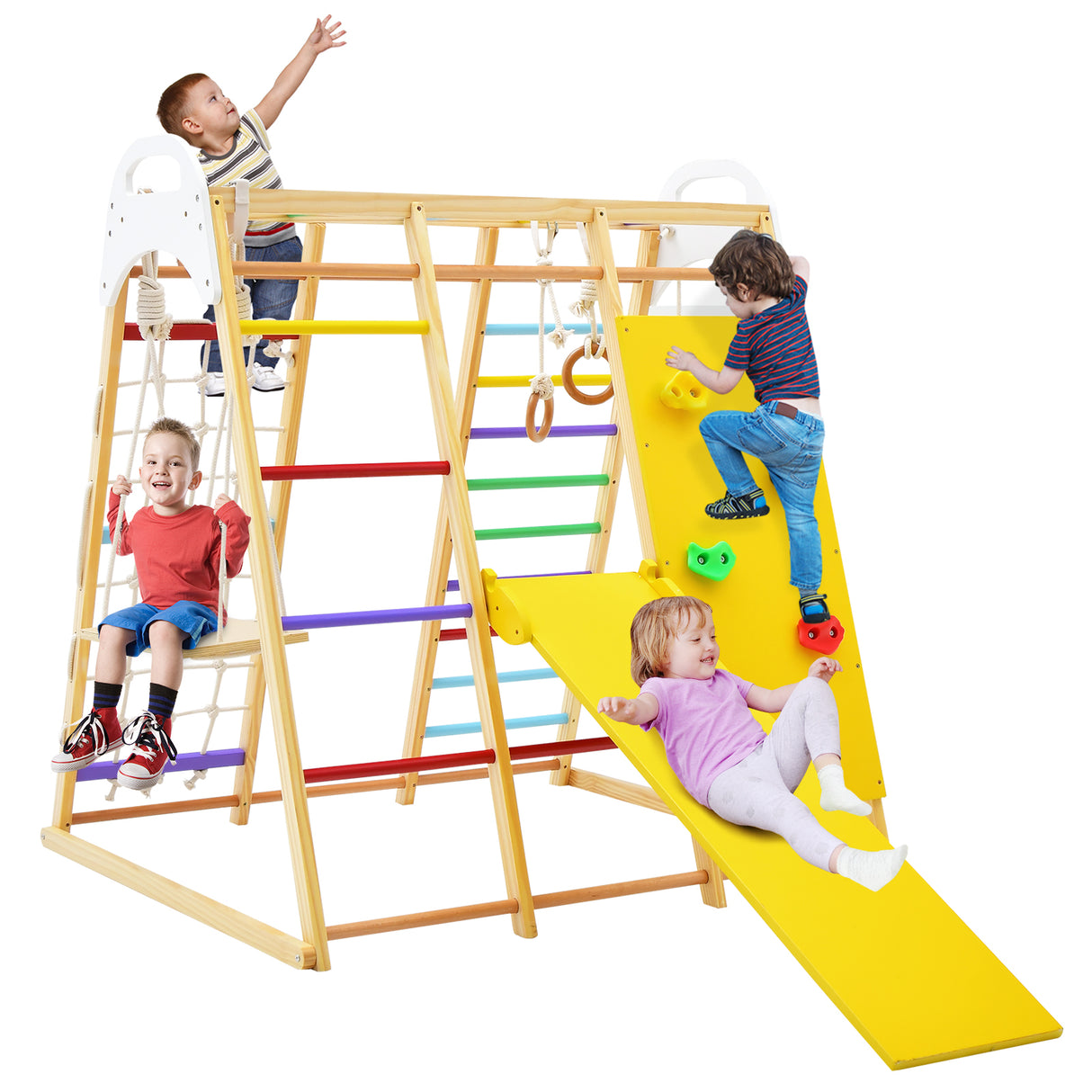 Children playing on a colorful wooden jungle gym that includes a slide, monkey bars, and climbing net.