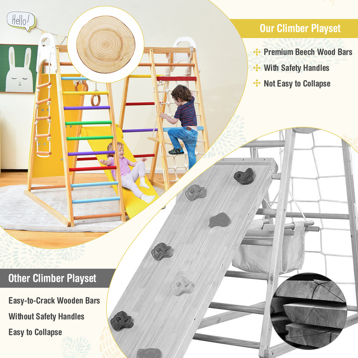 8-in-1 Jungle Gym Playset, Wooden Climber Play Set w/ Monkey Bars