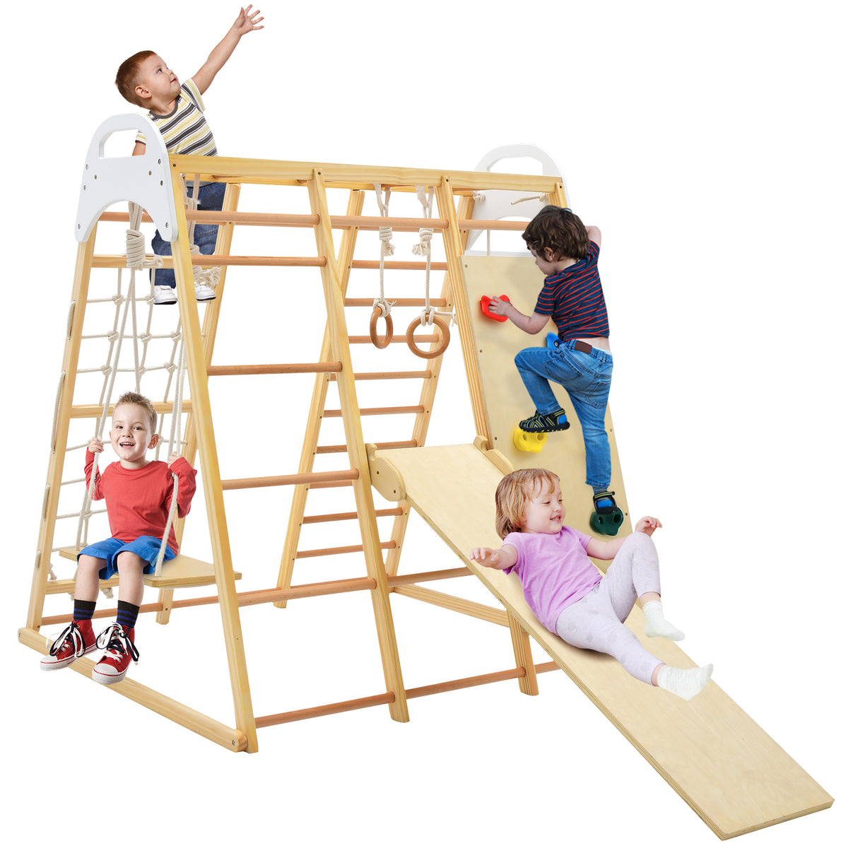 8-in-1 Jungle Gym Playset, Wooden Climber Play Set w/ Monkey Bars