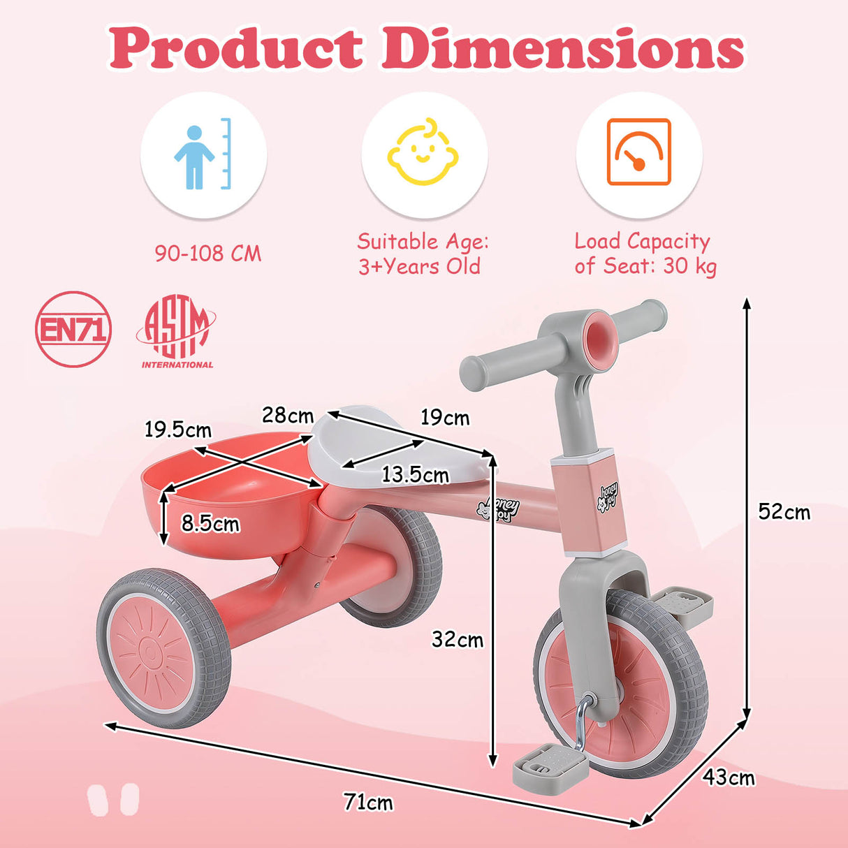 onvertible Kids Tricycle, Toddler Trike with 86° Limited Steering Angle, Carbon Steel Frame, Removable Pedals & Detachable Storage Basket
