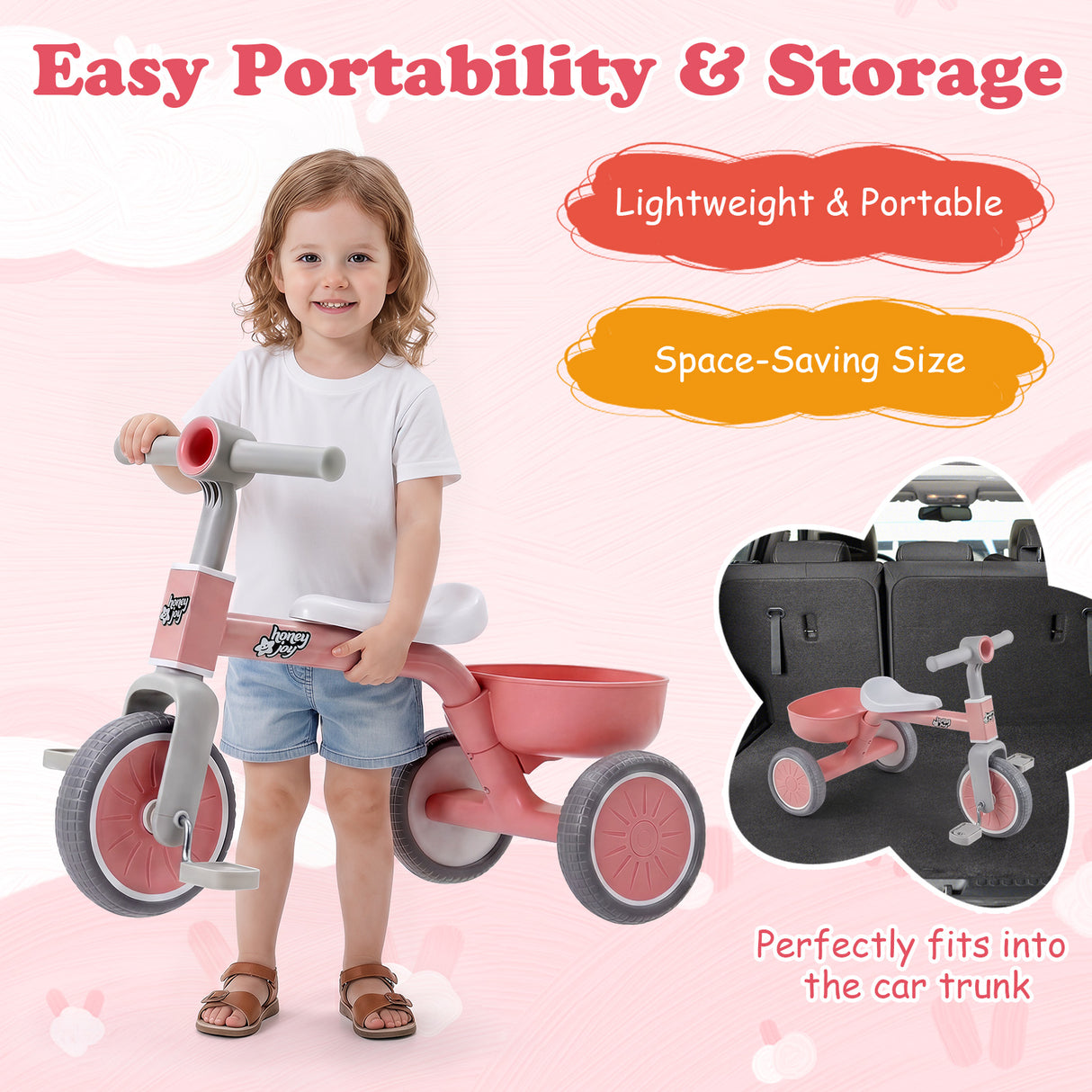onvertible Kids Tricycle, Toddler Trike with 86° Limited Steering Angle, Carbon Steel Frame, Removable Pedals & Detachable Storage Basket