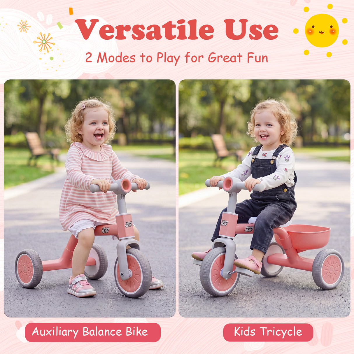 onvertible Kids Tricycle, Toddler Trike with 86° Limited Steering Angle, Carbon Steel Frame, Removable Pedals & Detachable Storage Basket