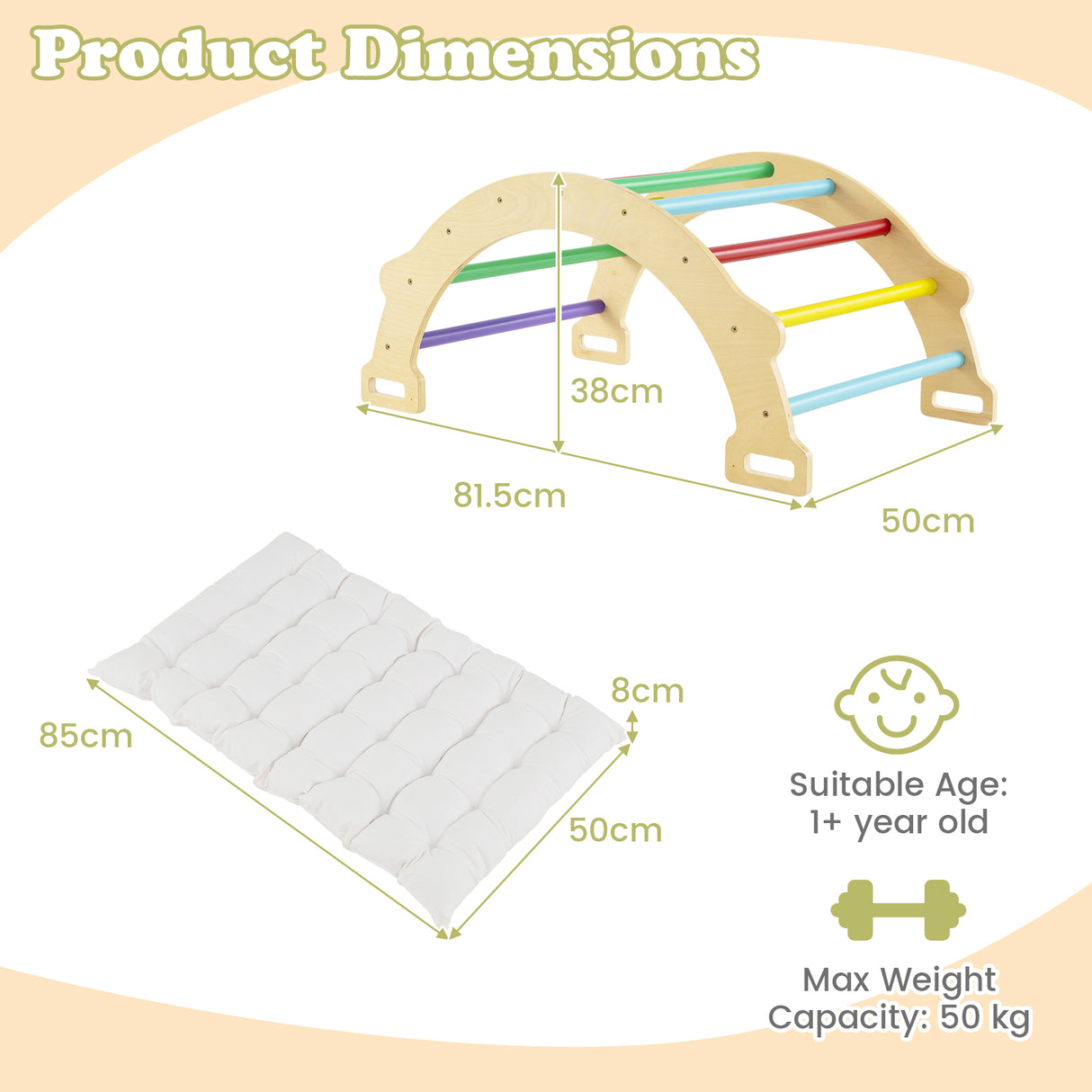 HONEY JOY Kids Climber Arch Rocker with Cushion, 4-In-1 Convertible Wooden Arch Climbing Ladder