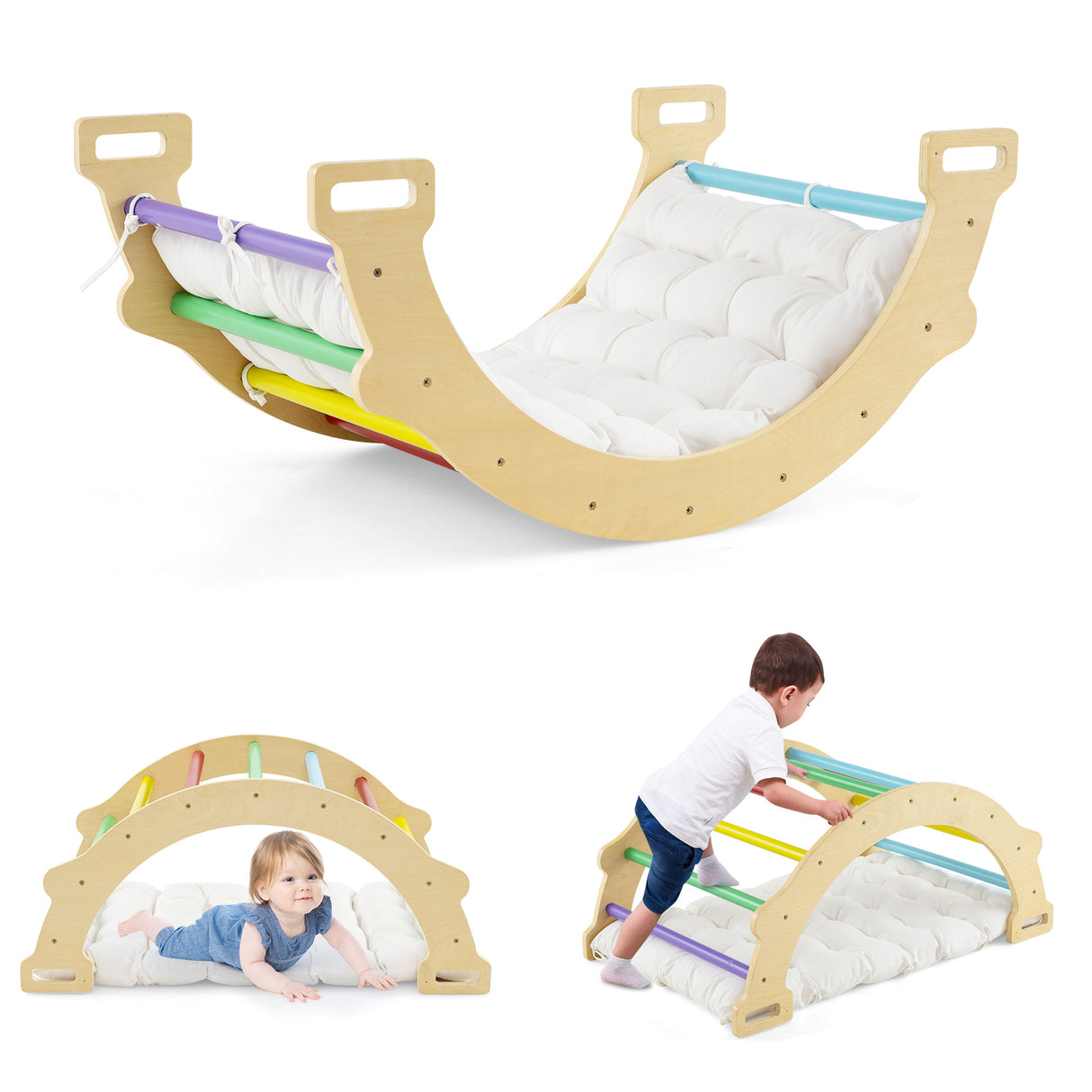HONEY JOY Kids Climber Arch Rocker with Cushion, 4-In-1 Convertible Wooden Arch Climbing Ladder