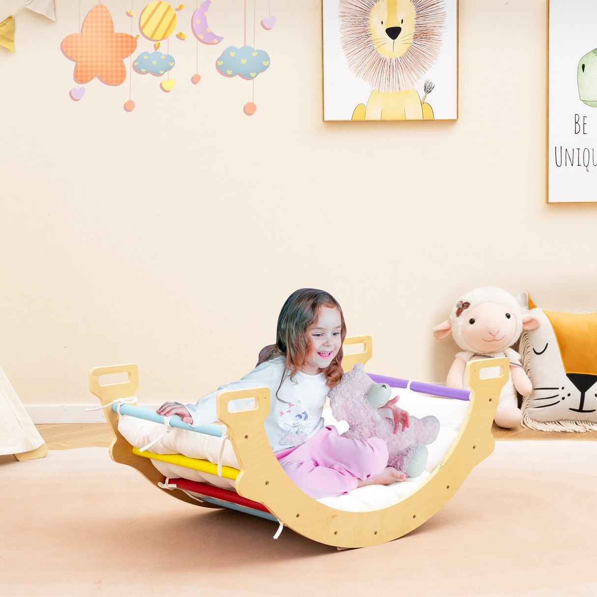 HONEY JOY Kids Climber Arch Rocker with Cushion, 4-In-1 Convertible Wooden Arch Climbing Ladder