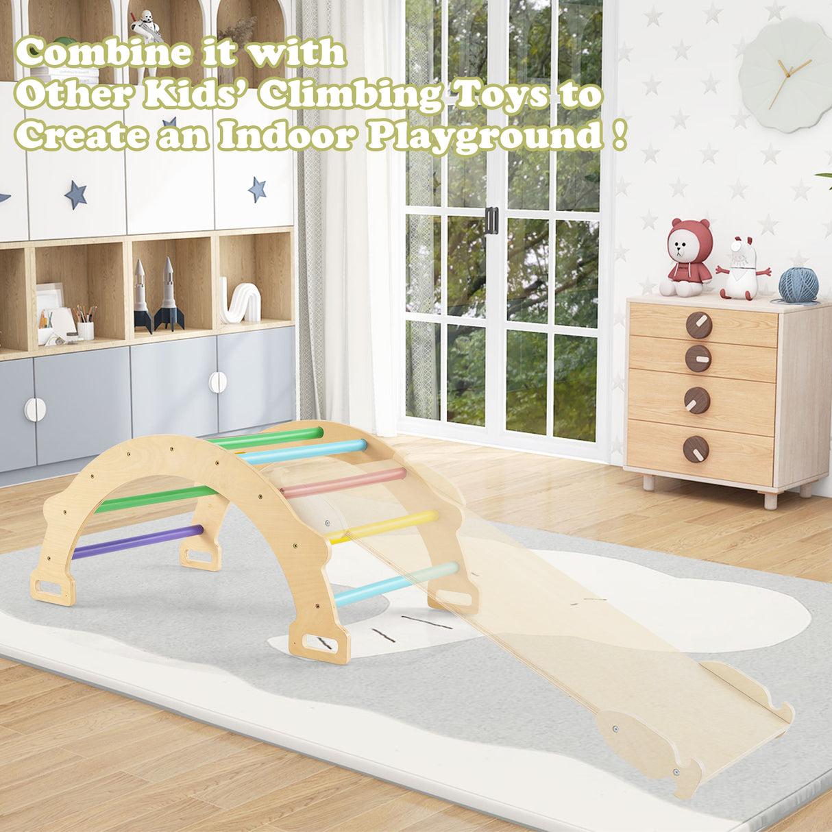 HONEY JOY Kids Climber Arch Rocker with Cushion, 4-In-1 Convertible Wooden Arch Climbing Ladder