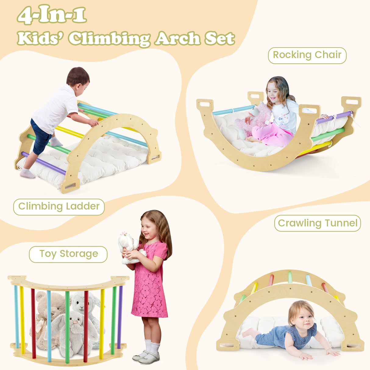 HONEY JOY Kids Climber Arch Rocker with Cushion, 4-In-1 Convertible Wooden Arch Climbing Ladder