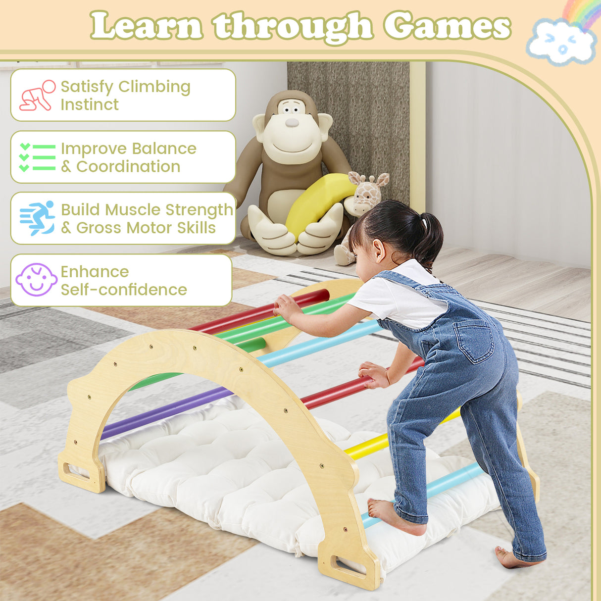 HONEY JOY Kids Climber Arch Rocker with Cushion, 4-In-1 Convertible Wooden Arch Climbing Ladder