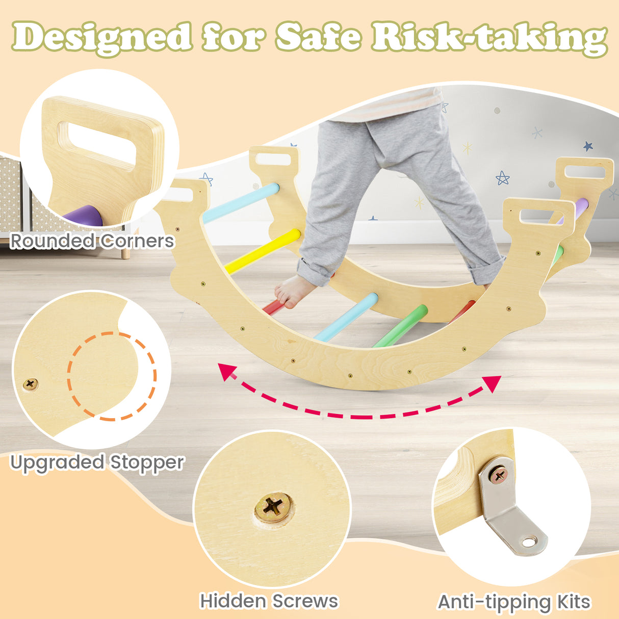 HONEY JOY Kids Climber Arch Rocker with Cushion, 4-In-1 Convertible Wooden Arch Climbing Ladder