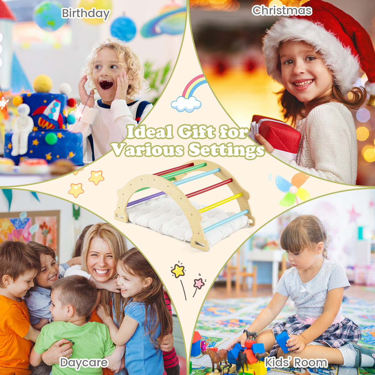 HONEY JOY Kids Climber Arch Rocker with Cushion, 4-In-1 Convertible Wooden Arch Climbing Ladder