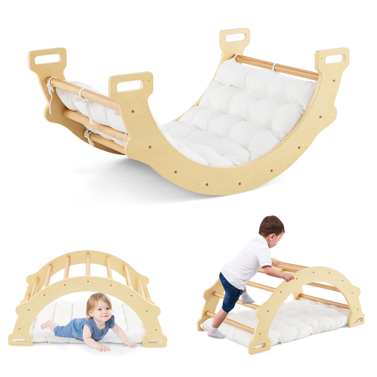 HONEY JOY Kids Climber Arch Rocker with Cushion, 4-In-1 Convertible Wooden Arch Climbing Ladder