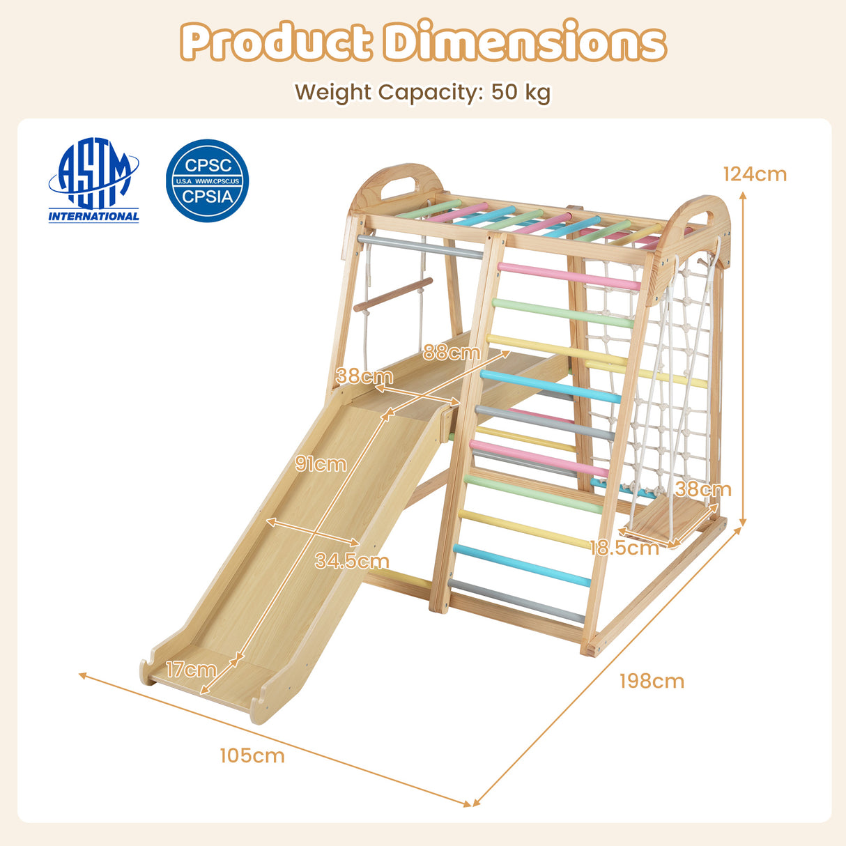 Children's wooden play structure with slide and climbing ladder, labeled with dimensions and safety certifications.