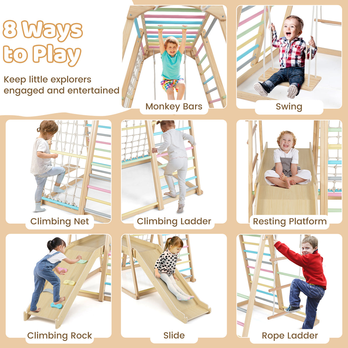 Children playing on a wooden climbing structure with various features and text about ways to play.