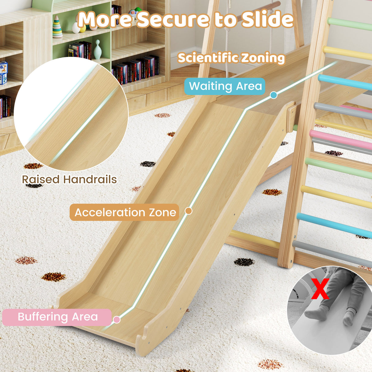 Wooden slide with labeled safety features on a carpeted floor