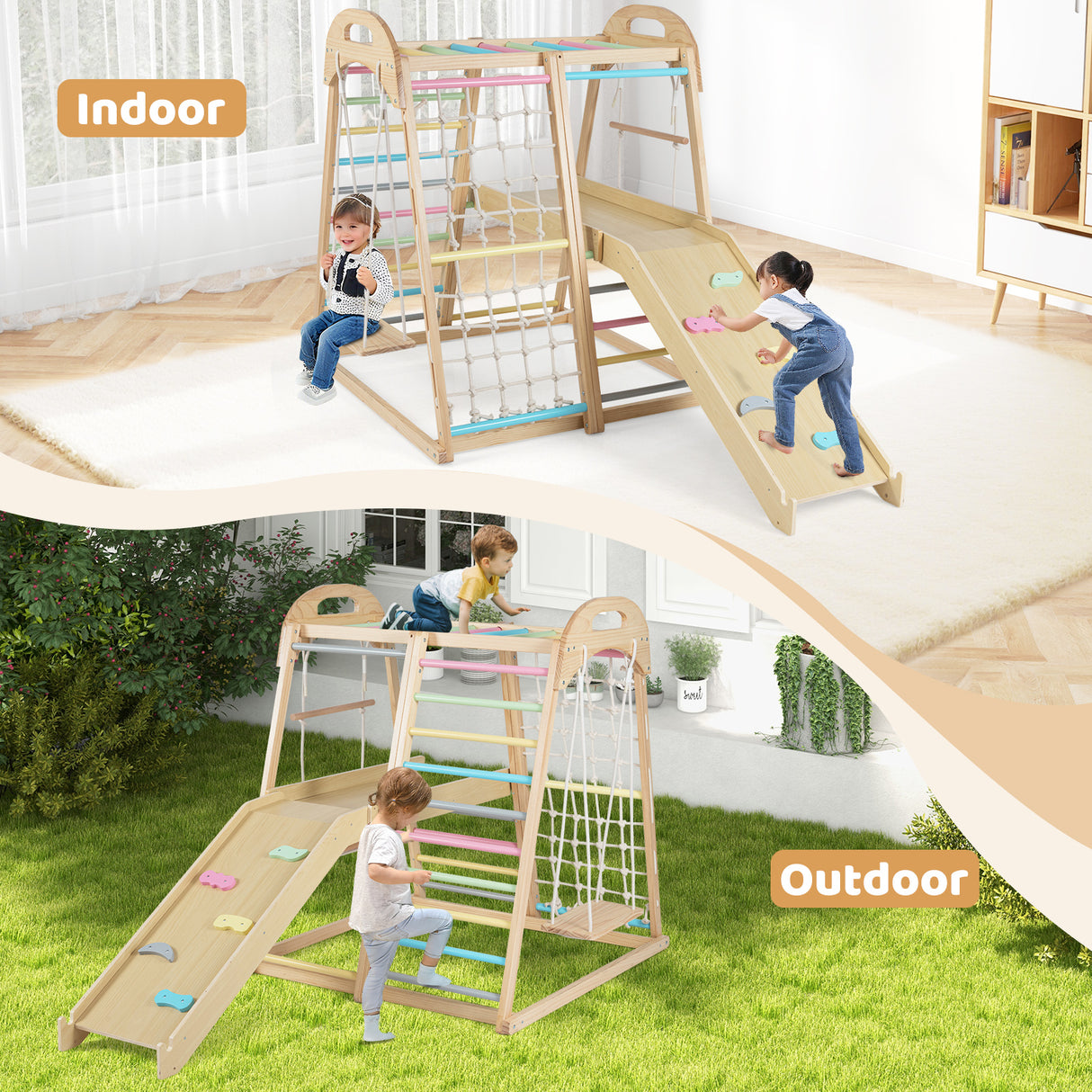 Children playing on a wooden climbing frame with slides indoors and outdoors.