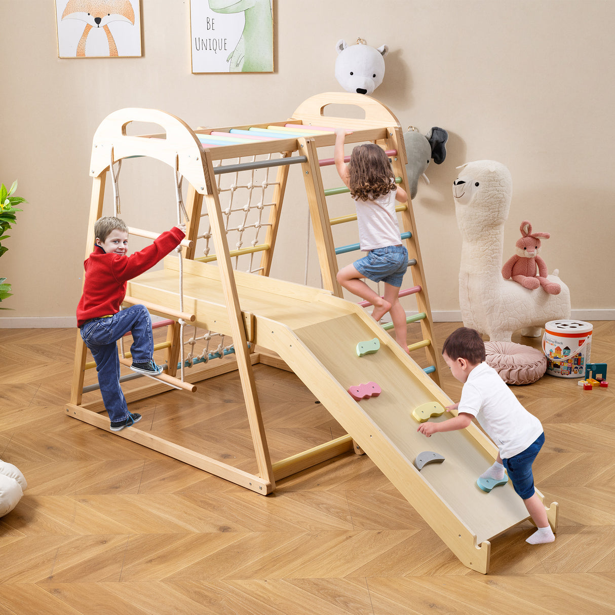Children playing on a wooden play set in a room with toys and decorations.