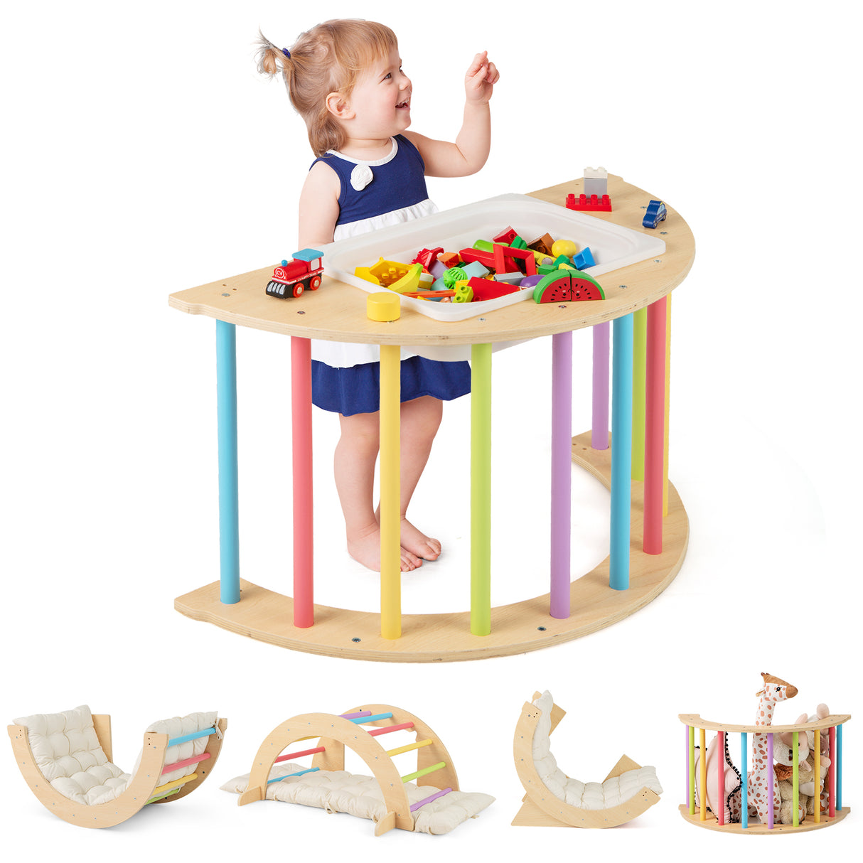 6 in 1 Kids Climbing Arch Playset Wooden Stoppers Toy Rocker Chair w/Storage Bin