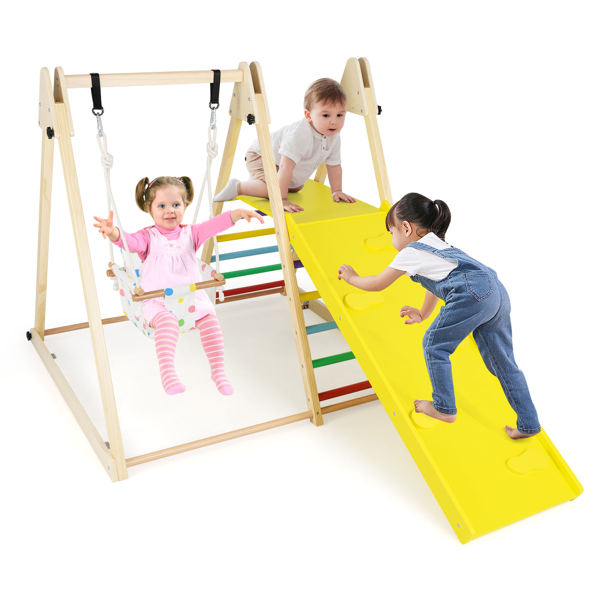 Children playing on a wooden play set with a swing, slide, and ladder.