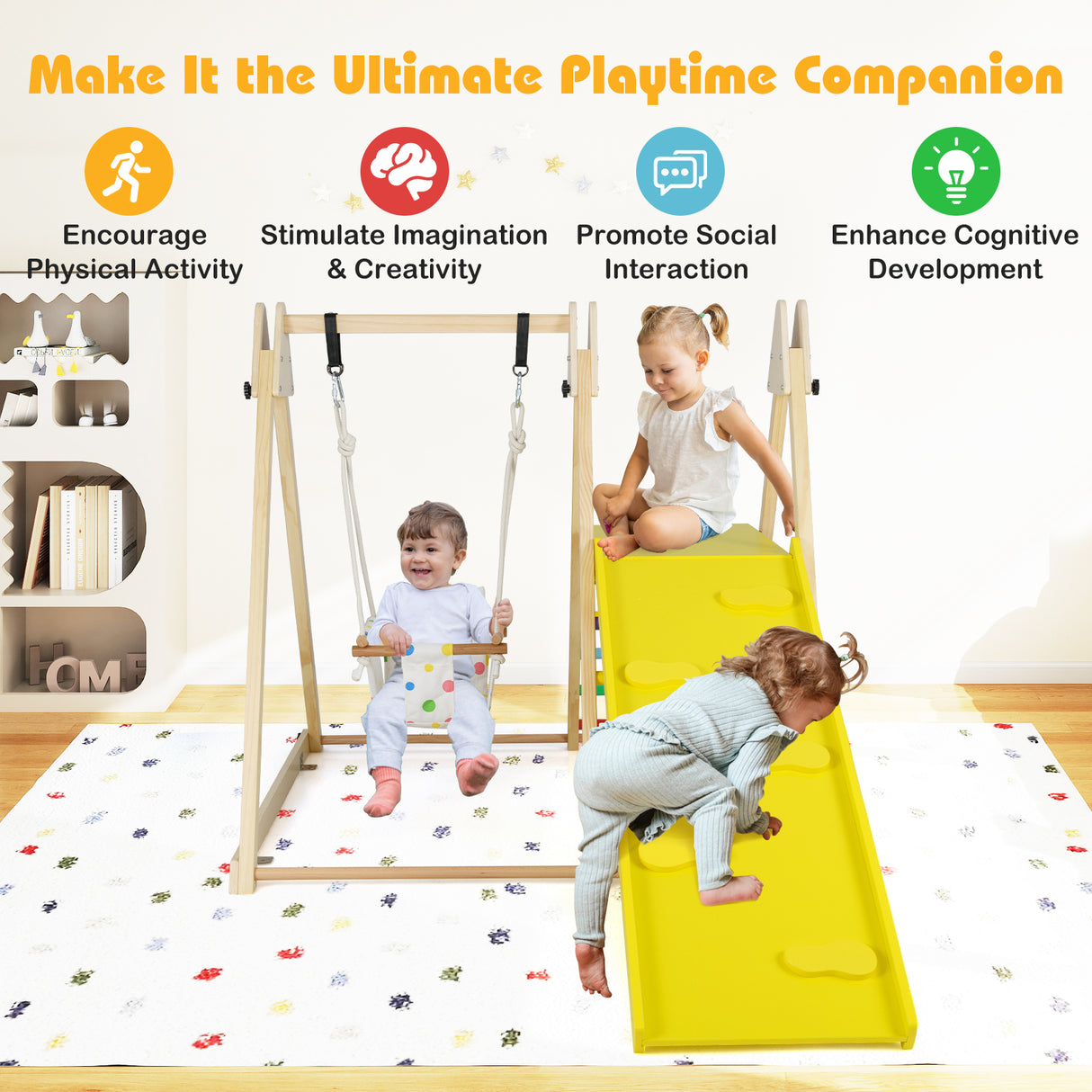 4-in-1 Indoor Jungle Gym, Montessori Wooden Climber Playset for Kids 1+ Years Old