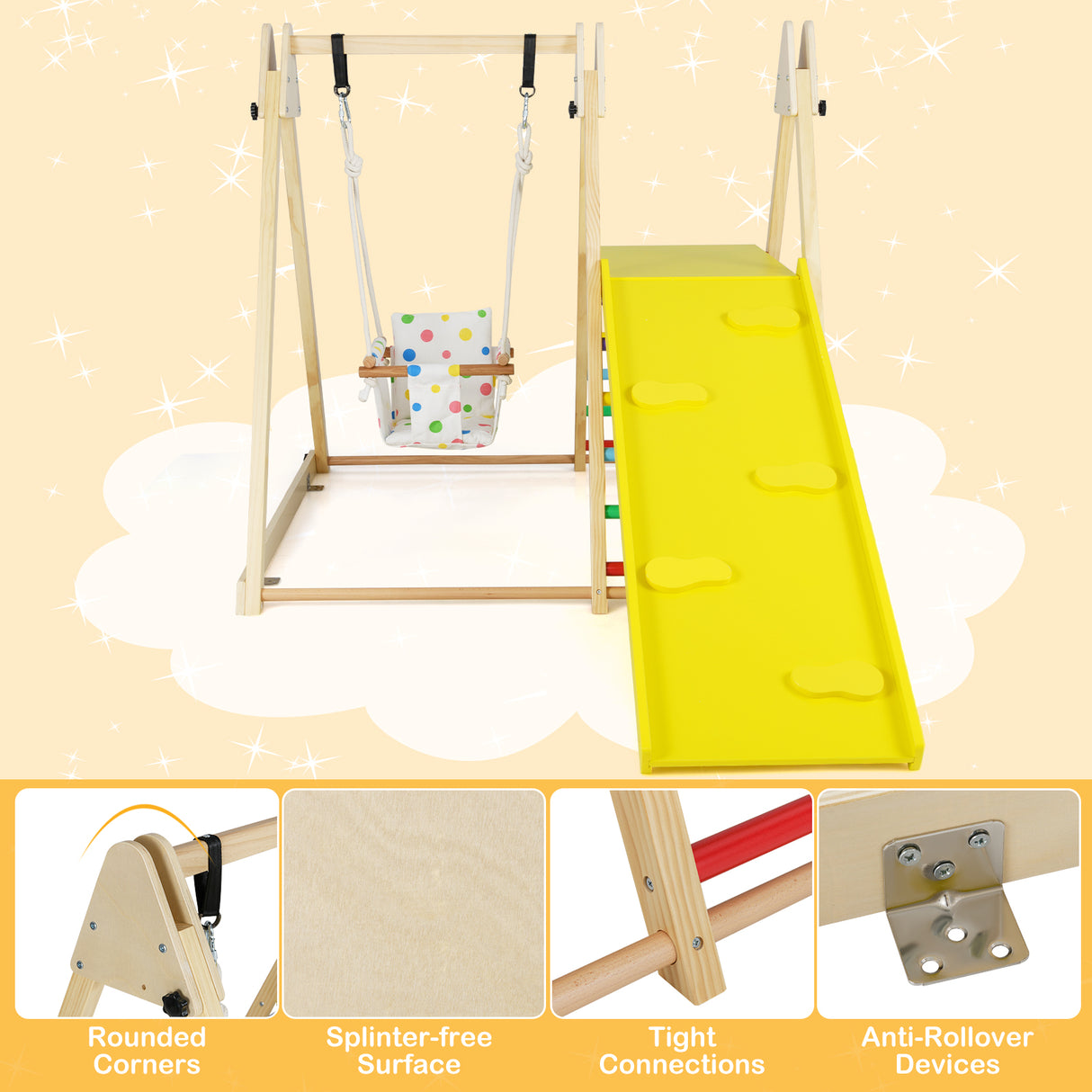 Children's play set with swing and slide on a light yellow background