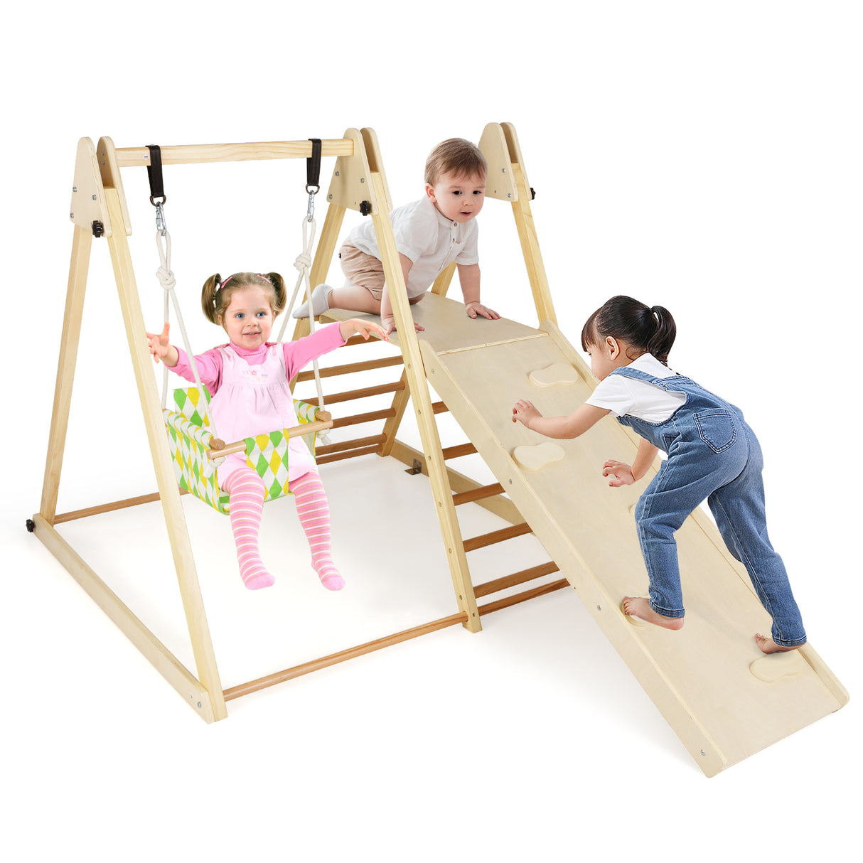 Children playing on a wooden play set with a swing, slide, and ladder.