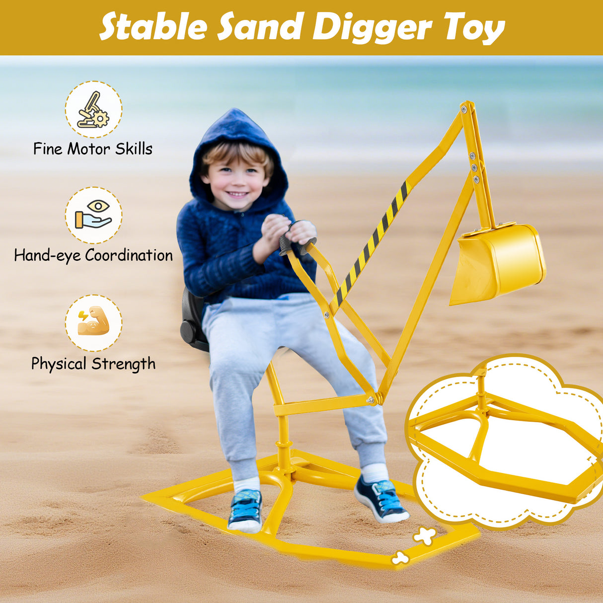 Sand Digger for Kids, Sandbox Toy Digger with 2-Handed Controls & Flexible Shovel