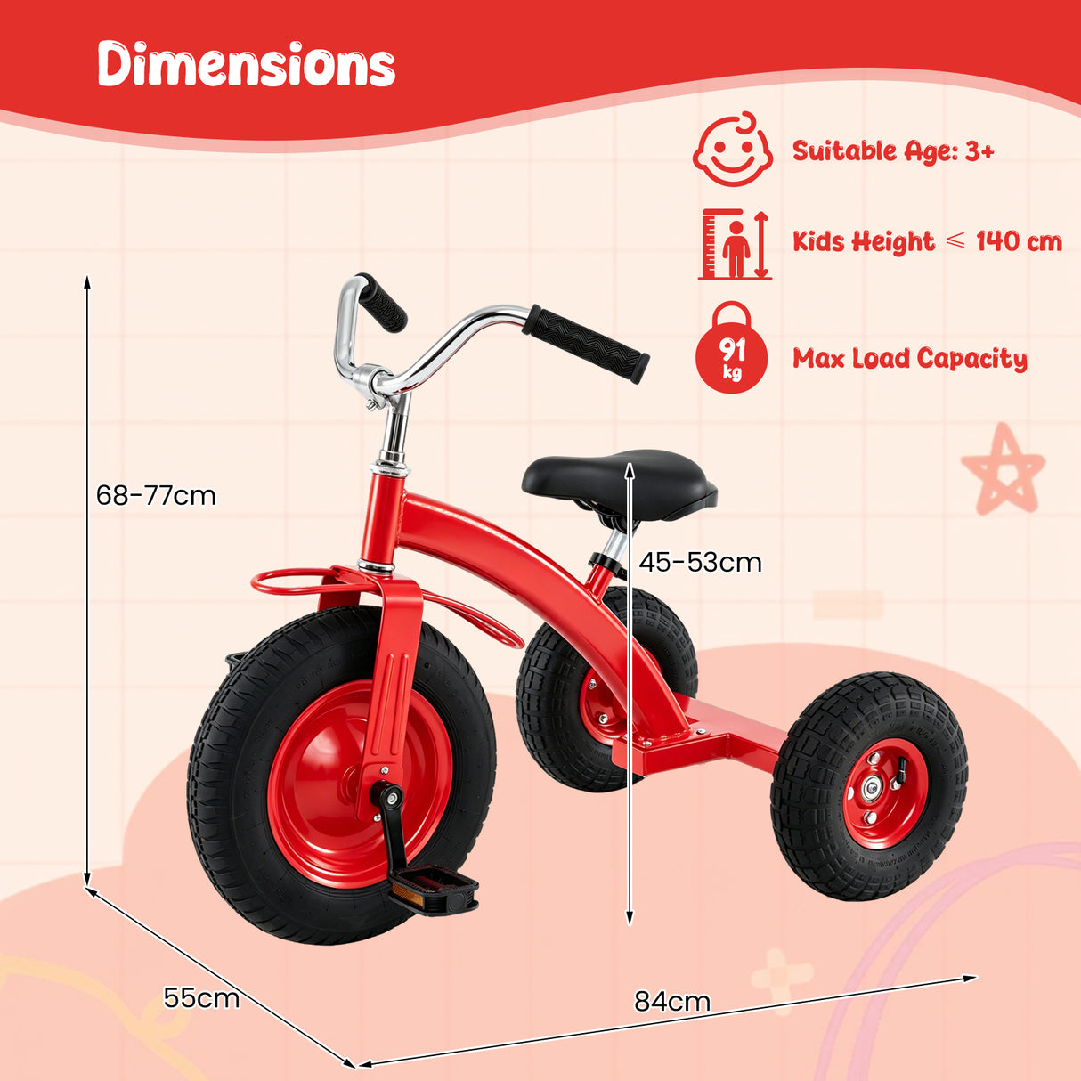BABY JOY Kids Tricycle, 15-Inch Front Wheel Trike with Carbon Steel Frame, Inflatable Rubber Tires