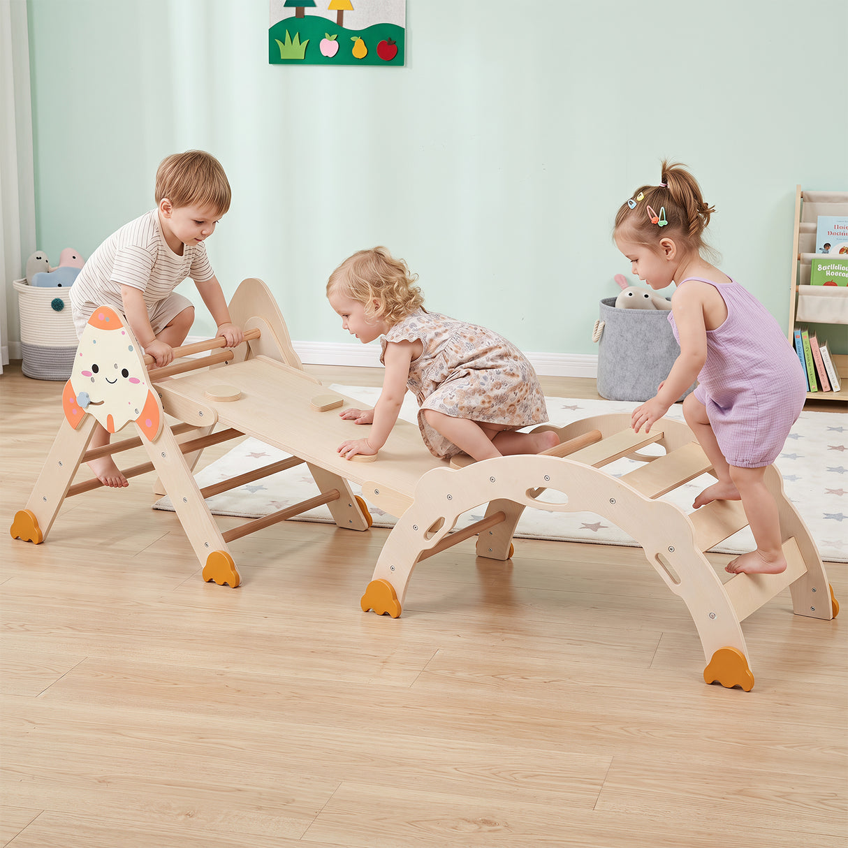 8-in-1 Climbing Toys for Toddlers, Rocket-Themed Foldable Montessori Wooden Arch Climber